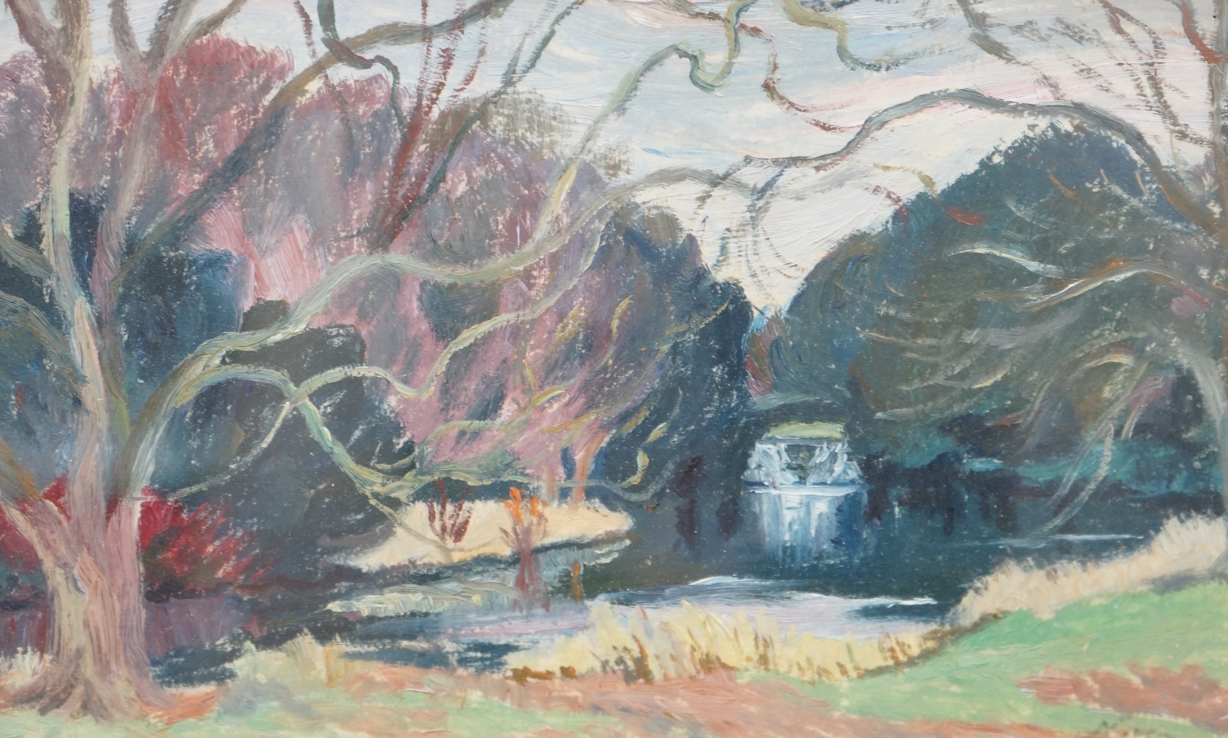 Margaret Graeme Niven (1906-1997), impressionist oil, Lakeside landscape, inscribed verso, 13 x 21.5cm. Condition - fair